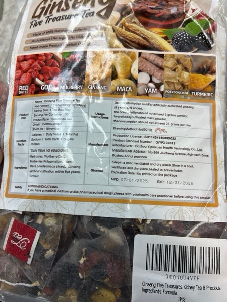 Condition photo showing New/Like New for 30Pcs Ginseng Five Treasures Kidney Tea,Traditional Chinese Herbal Health Tea,Natural Organic Kidney Cleanse Detox Teabags Gift for Men&Women,8 Precious Ingredients Formula 1 Pack/30Bags