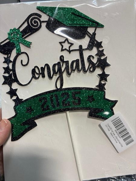 Condition photo showing New/Like New for Congrats Grad 2025 Cake Topper, Class of 2025 Cake Decorations, Congrats Graduate Party Decor, High School/College/University Graduation Party Decorations, Black and Green Glitter