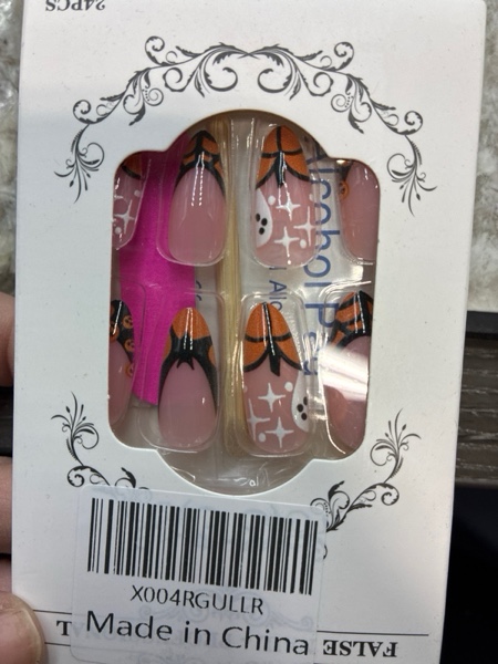 Condition photo showing New/Like New for Almond Press on Nails Halloween Nails Press ons French Bat Pumpkin Fake Nails Medium Length Ghost Stick on Nail Halloween Glue on Nails for Women 24Pcs