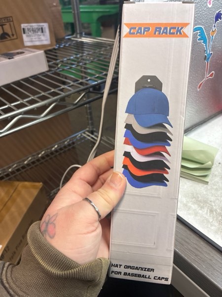 Condition photo showing New/Like New for Hat Organizer for Baseball Caps,Hat Rack for Wall, Compact Hat Storage Display Holder,Hold Up to 10 Hats,Hat Hanger Strong Adhesive/Wall Drilled for Door,Bedroom,Closet 1 Pack Gery Black