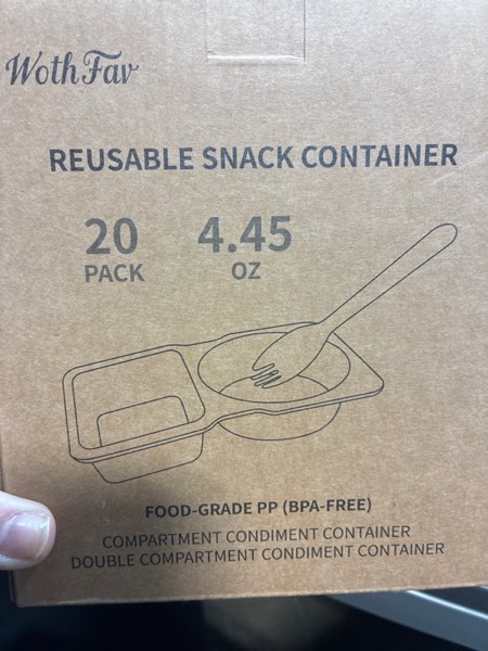 Condition photo showing New/Like New for 20 Sets Reusable Snack Containers with Lids & 20 Sporks – Double Compartment for Portion Control, BPA-Free Leak-Proof Dipping Containers for Meal Prep, Travel, and Outdoor Snacks (Clear)