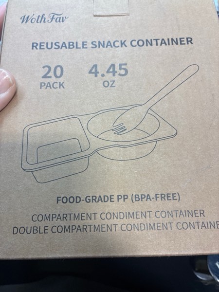 Condition photo showing New/Like New for 20 Sets Reusable Snack Containers with Lids & 20 Sporks – Double Compartment for Portion Control, BPA-Free Leak-Proof Dipping Containers for Meal Prep, Travel, and Outdoor Snacks (Clear)
