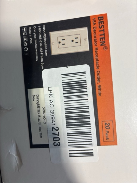 Condition photo showing New/Like New for [20 Pack] BESTTEN 20 Amp Wall Receptacle Outlet, Tamper-Resistant (TR), 20A/125V/2500W, Wall Plates Included, Residential and Commercial Use, UL Listed, White