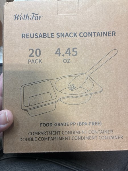 Condition photo showing New/Like New for 20 Sets Reusable Snack Containers with Lids & 20 Sporks – Double Compartment for Portion Control, BPA-Free Leak-Proof Dipping Containers for Meal Prep, Travel, and Outdoor Snacks (Clear)