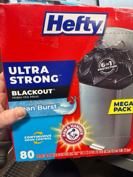 Condition photo showing New/Like New for Hefty Ultra Strong 13 Gallon Trash Bags, Black Tall Kitchen Trash Bags 13 Gallon Size, Break Resistant Drawstring Enclosure, Continuous Odor Control, Blackout, Clean Burst Scent, 80 Bags