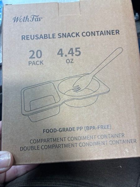 Condition photo showing New/Like New for 20 Sets Reusable Snack Containers with Lids & 20 Sporks – Double Compartment for Portion Control, BPA-Free Leak-Proof Dipping Containers for Meal Prep, Travel, and Outdoor Snacks (Clear)