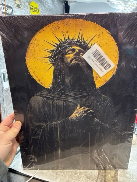 Condition photo showing New/Like New for Black Jesus Canvas Wall Art — African Americans God Religious Painting Picture Wall Decor (Gold Black C)