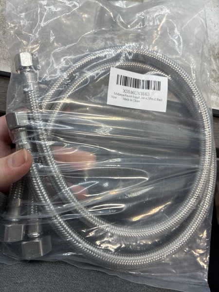 Condition photo showing New/Like New for Midanya Faucet Supply Lines,24" Stainless Steel Braided Water Supply Line, 1/2" FIP x 3/8" COMP Faucet Hose, Faucet Hose Connector x 2 Pcs (1 Pair) 1/2" FIP x 3/8" COMP 24 Inch