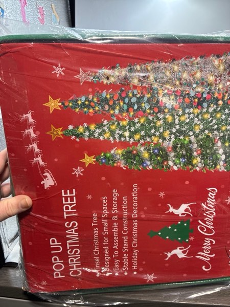 Condition photo showing Good Condition for HMASYO 5 FT Pop Up Christmas Tree with Timer Lights, Black Christmas Tinsel Tree, Collapsible Artificial Pencil Christmas Tree for Indoor Home Apartment Porch Holiday Party Decorations 5ft Black