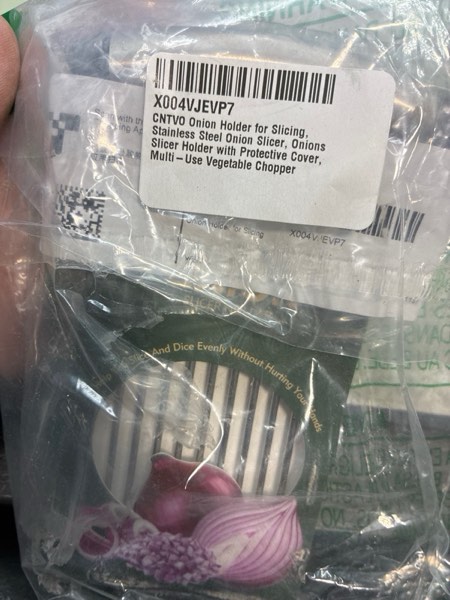 Condition photo showing New/Like New for Onion Holder for Slicing, Stainless Steel Onion Slicer, Onions Slicer Holder with Protective Cover, Multi-Use Vegetable Chopper for Onions Tomatoes Avocados Potato Eggs Kiwifruit Meat Lemon