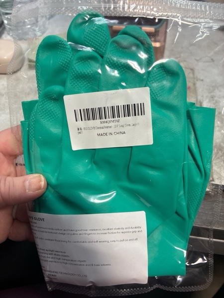 Condition photo showing New/Like New for Chemical Resistant Nitrile Gloves Heavy Duty Cleaning Gloves for Household Acid, Alkali, Solvent, Oil Resist, 13" Green Medium - 1 pair