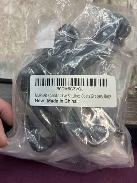 Condition photo showing New/Like New for Sparkling Car Seat headrest Hooks, 4 Pack, White Purse Holder for Car Headrest, Chic Automotive Accessories for Women Essentials Handbag Clothes Coats Grocery Bags