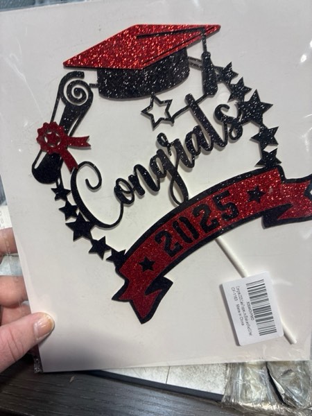 Condition photo showing New/Like New for Congrats 2025 Cake Topper, Class of 2025 Cake Decorations, Congrats Grad Party Decor, High School/College/University Graduation Party Decorations (Black and Red Glitter)