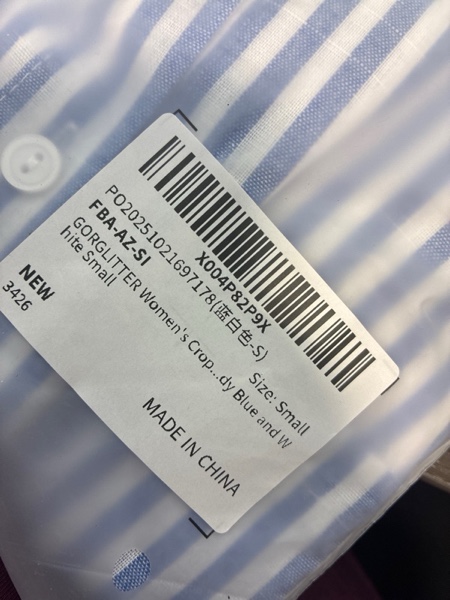 Condition photo showing item condition for GORGLITTER Women's Cropped Shirts Striped Button Down Short Sleeve Workout Shirt Top Trendy Small Blue and White