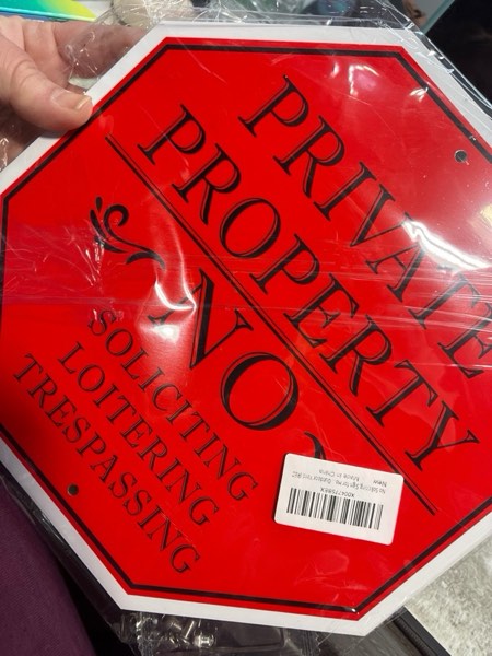 Condition photo showing New/Like New for No Soliciting Sign for House, Large Private Property No Trespassing Sign, 10 x 10 Inches No Loitering Aluminum Metal Signs with 28 Inches Long Stakes for Outdoor Yard (RED/BLACK)
