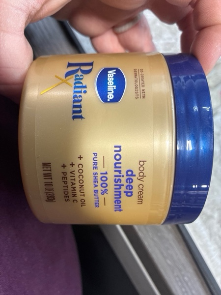 Condition photo showing New/Like New for Vaseline Radiant X Deep Nourishment Body Cream 100% Pure Shea Butter, Coconut Oil, Vitamin C, & Peptides 10 oz Skin moisturizer
