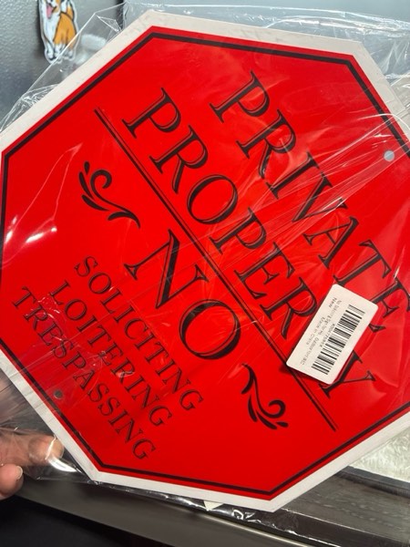 Condition photo showing New/Like New for No Soliciting Sign for House, Large Private Property No Trespassing Sign, 10 x 10 Inches No Loitering Aluminum Metal Signs with 28 Inches Long Stakes for Outdoor Yard (RED/BLACK)