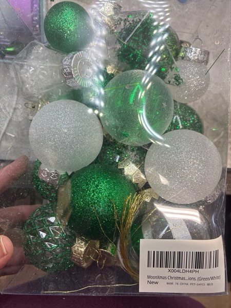 Condition photo showing New/Like New for Christmas Ball Ornaments Set, 34PCS Clear Plastic Shatterproof Christmas Ornaments for Xmas Tree Hanging Decorations, for Indoor Home Thanksgiving Party Decor - Green/White.