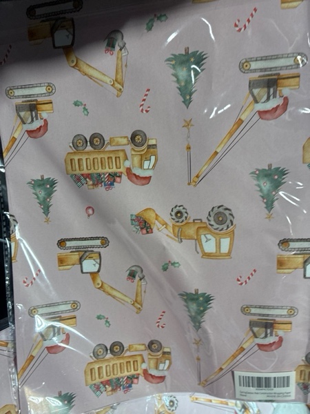 Condition photo showing New/Like New for SaringSwoon Pink Construction Christmas Wrapping Paper for Kids - Holiday Wrapping Paper with Dump Trucks, Cranes, Excavators with Santa Hats & Gifts, Christmas Tree - 40×28 Inches, 4 Folded Sheets