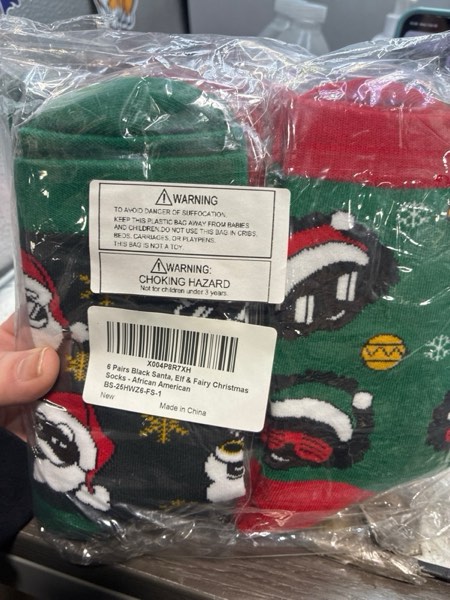 Condition photo showing New/Like New for 6 Pairs Black Santa Christmas Socks, Novelty African American Santa Crew Socks, Funny Black Santa & Elf Fairy Christmas Socks for Christmas Stocking Stuffers Gifts