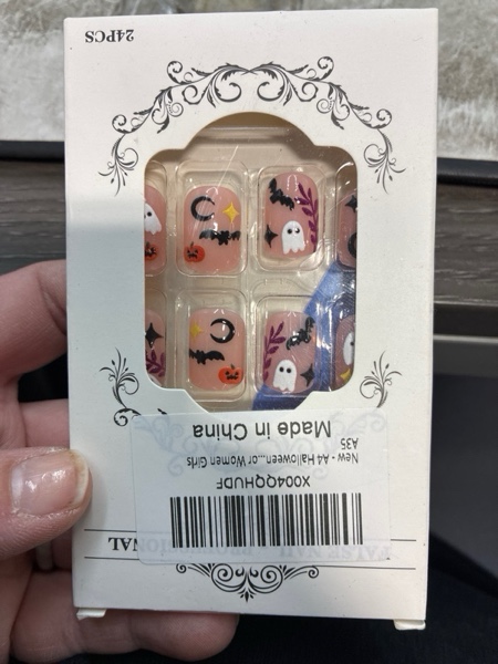 Condition photo showing New/Like New for Press on Short Square Nails Halloween Glossy Full Cover Acrylic Day of The Dead False Nails with Designs Artificial Square Short Fake Nails Glue Stick ons Fingernails for Women Girls(JB878)