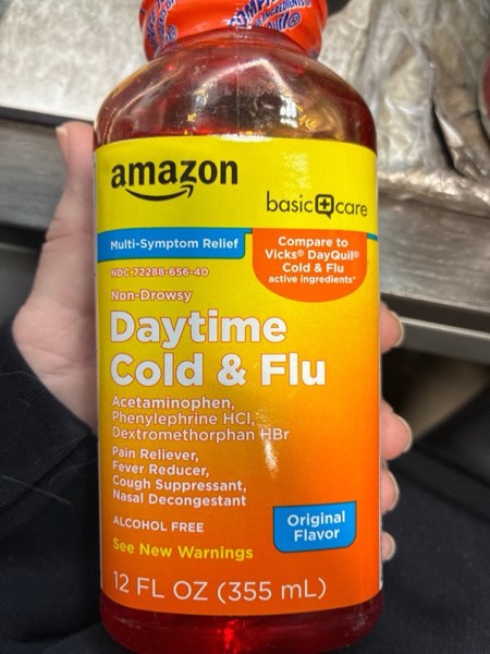 Condition photo showing New/Like New for Amazon Basic Care Daytime Cold and Flu Relief, Non-Drowsy, Liquid Medicine, Original Flavor, 12 fl oz (Pack of 1)