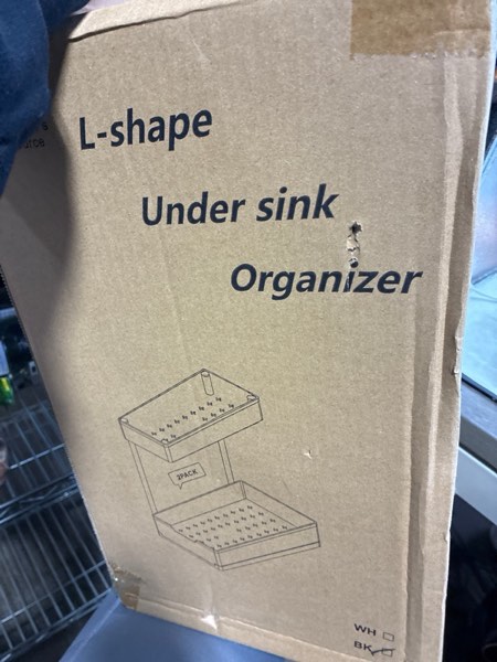 Condition photo showing New/Like New for 2 Pack Under Sink Organizer 2 Tier Sliding Cabinet Organizers Multi-Purpose Sink Storage Basket L-Shape Narrow Space Storage Shelves with 4 Hook for Kitchen Bathroom Drawer, Black 2 pack Black