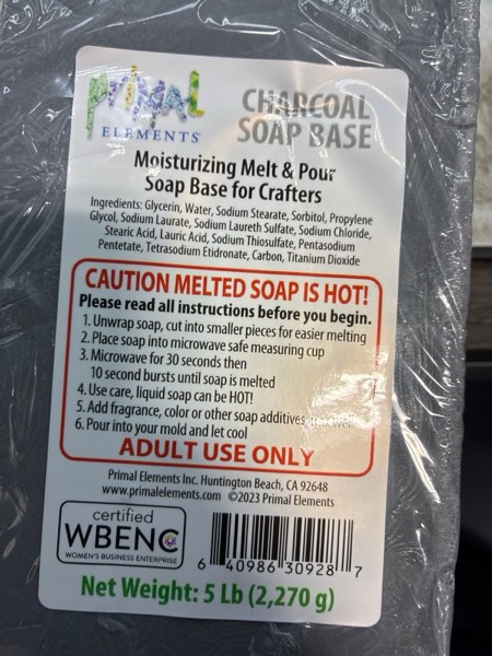 Condition photo showing New/Like New for Primal Elements Activated Bamboo Charcoal Soap Base - Moisturizing Melt and Pour Glycerin Soap Base for Crafting and Soap Making, Easy to Cut - 5 Pound Charcoal (Unscented) 80 Ounce (Pack of 1)