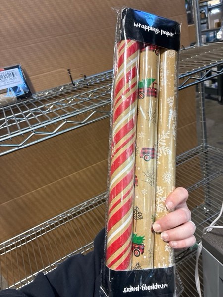 Condition photo showing New/Like New for MAYPLUSS Christmas Wrapping Paper Roll - 17in x 120in Per roll - Christmas Kraft Paper roll White Snowflake Red Truck,Stripefor Party,Birthday, Wedding,Anniversary (42.3 sqft) Brown and Red