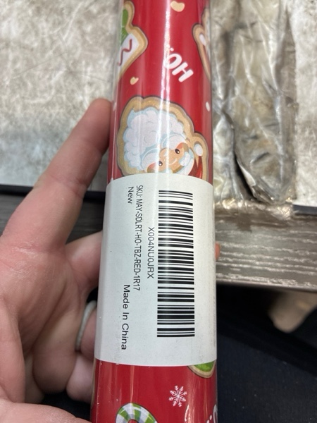Condition photo showing New/Like New for MAYPLUSS Red Christmas Wrapping Paper Roll - 17IN X 33FT - Santa Gift Wrapping Paper Featuring Santa Claus Gingerbread Christmas Tree HO Candy Cane Reversible Gold for Kids, Holiday, New Year Red Santa Head