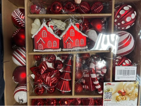 Condition photo showing New/Like New for SHareconn 80-Count Christmas Balls Ornaments Set — Shatterproof Plastic Colorful Christmas Decorative, Baubles for Tree Decorations with Hanging Strings (Red & White)