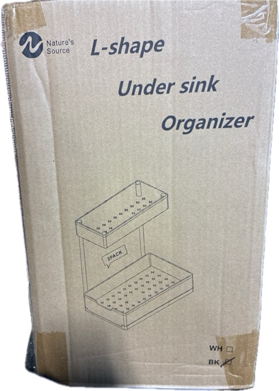 Condition photo showing New/Like New for 2-Pack Under Sink Organizer — 2-Tier Sliding Cabinet Organizers, Multi-Purpose Sink Storage Basket, L-Shape Narrow Space Storage Shelves with 4 Hook for Kitchen Bathroom Drawer (Black, 2-Pack)