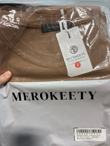 Condition photo showing New/Like New for MEROKEETY Women's 2025 Fall Long Lace Sleeve Top — Casual Crew Neck Trendy Cute T-Shirt Blouse (Khaki, Small)