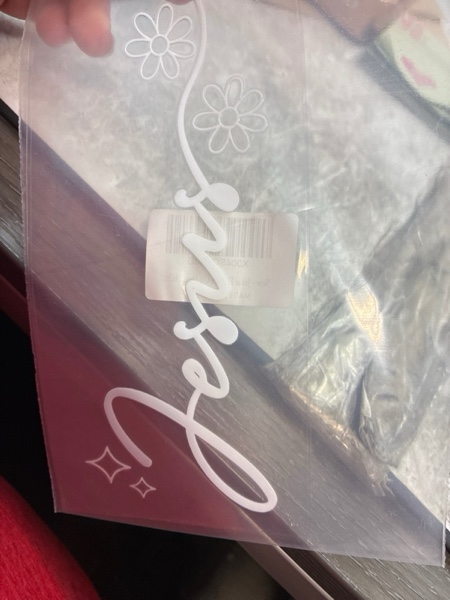 Condition photo showing New/Like New for Christian Decal 7x2.9in – “Jesus” Handwritten Script with Floral Snow Detail – Waterproof White Vinyl Sticker for Car Window, Laptop, Motorcycle – Removable Minimalist Faith Design