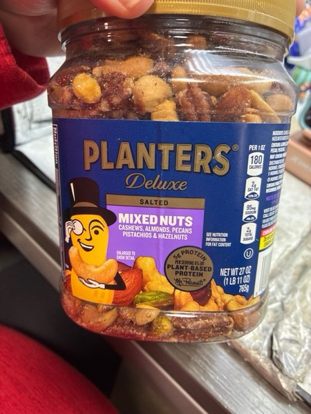 Condition photo showing As Is for PLANTERS Deluxe Mixed Nuts with Sea Salt, 27 oz Resealable Container - Variety Mixed Nuts Snacks with Cashews, Almonds, Pecans, Pistachios & Hazelnuts - Energy Boost - Kosher
