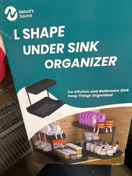 Condition photo showing New/Like New for 2 Pack Under Sink Organizer 2 Tier Sliding Cabinet Organizers Multi-Purpose Sink Storage Basket L-Shape Narrow Space Storage Shelves with 4 Hook for Kitchen Bathroom Drawer, Black 2 pack Black