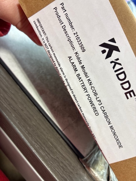 Condition photo showing New/Like New for Kidde Carbon Monoxide Detector, Battery Powered CO Alarm with LEDs, Test-Reset Button, Low Battery Indicator, Portable