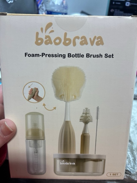 Condition photo showing New/Like New for Baby Bottle Brush Set [Push-Press + Bendable Bottle Brush: 360°Comprehensive Cleaning] Baby Bottle Cleaner Brush Set for Baby Bottle/Nipple/Straw/Breast Pump Drying Rack and Travel Bag Included Beige-brown