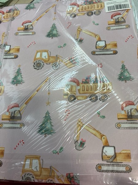 Condition photo showing New/Like New for SaringSwoon Pink Construction Christmas Wrapping Paper for Kids - Holiday Wrapping Paper with Dump Trucks, Cranes, Excavators with Santa Hats & Gifts, Christmas Tree - 40×28 Inches, 4 Folded Sheets