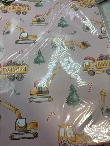 Condition photo showing New/Like New for SaringSwoon Pink Construction Christmas Wrapping Paper for Kids - Holiday Wrapping Paper with Dump Trucks, Cranes, Excavators with Santa Hats & Gifts, Christmas Tree - 40×28 Inches, 4 Folded Sheets