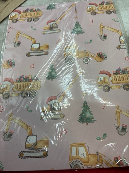 Condition photo showing New/Like New for SaringSwoon Pink Construction Christmas Wrapping Paper for Kids - Holiday Wrapping Paper with Dump Trucks, Cranes, Excavators with Santa Hats & Gifts, Christmas Tree - 40×28 Inches, 4 Folded Sheets