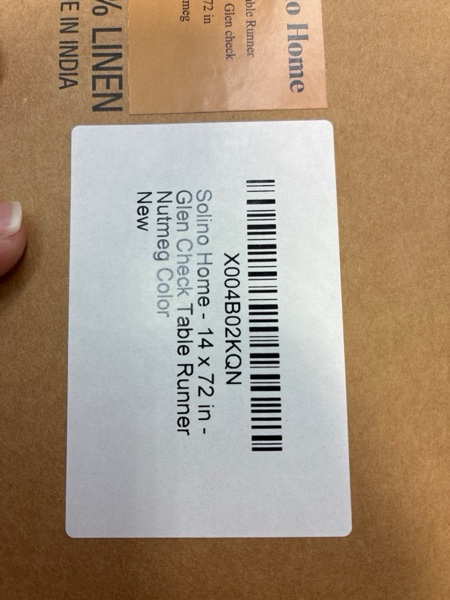 Condition photo showing New/Like New for Solino Home Linen Table Runner 36 Inches - 100% Pure Linen Glen Check Nutmeg Table Runner 14 x 36 Inch Ideal for Dresser and Coffee Tables Cinnamon 14 x 36 Inch