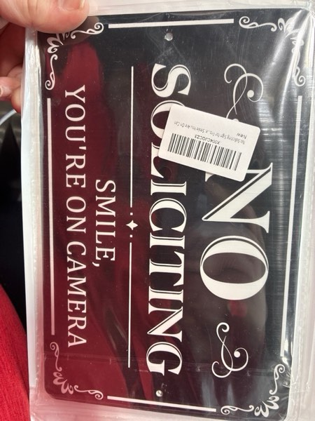 Condition photo showing New/Like New for No Soliciting Sign for Front Door, (2 Pack) Self-adhesive No Soliciting Sign for House, 9 x 6 inches Aluminum Metal Signs for Yard (Style: Smile You Are On Camera)