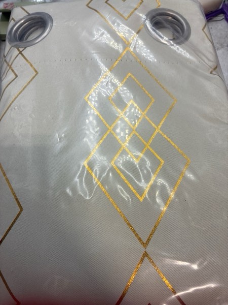 Condition photo showing New/Like New for 100% Blackout Curtains for Berdoom, Gold on Beige Metallic Geometric Diamond Pattern Curtains 63 Inches Long Living Room Darkening Thermal Insulated Drapes Grommet Top Window Curtain, 2 Panels 50"W x 63"L (Pack of 2) Diamond Gold on Beige