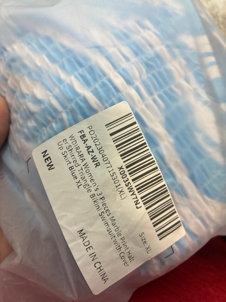 Condition photo showing New/Like New for (X-Large) WDIRARA Women's 3 Pieces Marble Print Halter Shirred Triangle Bikini Swimsuit with Cover Up Skirt