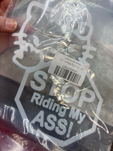Condition photo showing New/Like New for Funny Car Decal 7x6in – “Stop Riding My Ass” Cute Kitty Parody – Waterproof Vinyl Sticker for Car Window, Laptop, Motorcycle – Removable White Funny Bumper Warning
