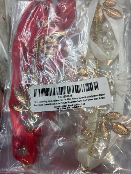 Condition photo showing New/Like New for 2 Pcs Wedding Hair Accessories for Girls Flower Wreath Headpieces Floral Pearl Hair Dress Crown Hair Flower Vine Headband for Flower Girls Bridal Wedding Hair Band, White, Red