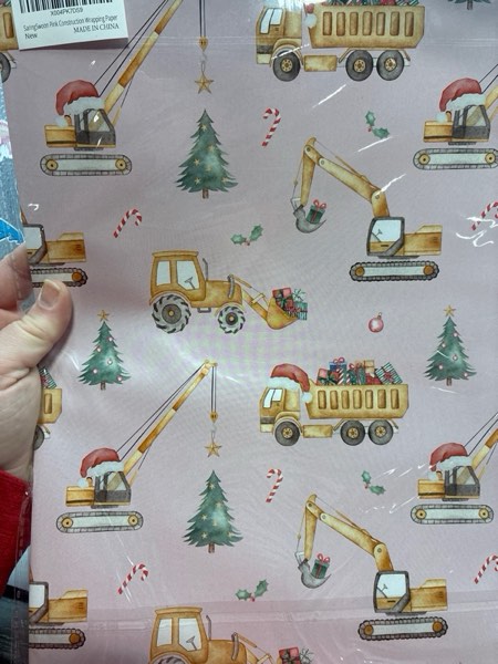 Condition photo showing New/Like New for SaringSwoon Pink Construction Christmas Wrapping Paper for Kids - Holiday Wrapping Paper with Dump Trucks, Cranes, Excavators with Santa Hats & Gifts, Christmas Tree - 40×28 Inches, 4 Folded Sheets