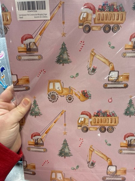 Condition photo showing New/Like New for SaringSwoon Pink Construction Christmas Wrapping Paper for Kids - Holiday Wrapping Paper with Dump Trucks, Cranes, Excavators with Santa Hats & Gifts, Christmas Tree - 40×28 Inches, 4 Folded Sheets