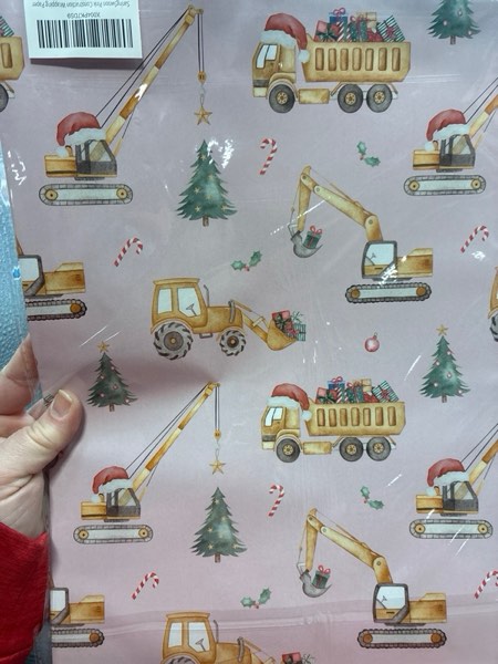 Condition photo showing New/Like New for SaringSwoon Pink Construction Christmas Wrapping Paper for Kids - Holiday Wrapping Paper with Dump Trucks, Cranes, Excavators with Santa Hats & Gifts, Christmas Tree - 40×28 Inches, 4 Folded Sheets